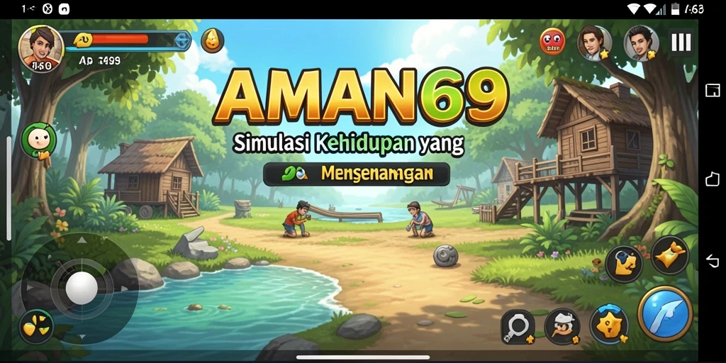 Screenshot utama AMAN69 menampilkan karakter dengan aktivitas simulasi yang menarik.