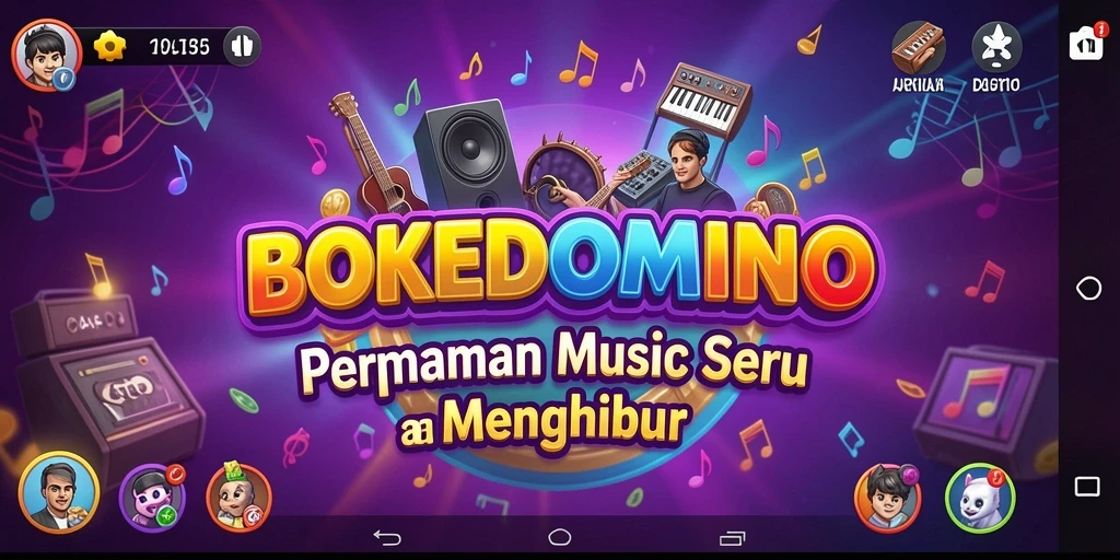 Screenshot utama menunjukkan gameplay seru BOKEDOMINO dengan musik yang mengalun.