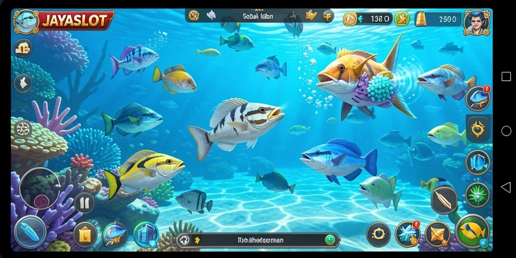 Screenshot gameplay JAYASLOT menunjukkan aksi menembak ikan yang seru.