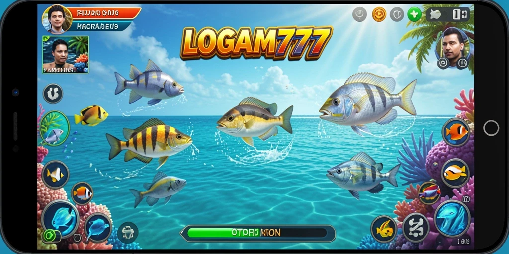 Screenshot gameplay LOGAM777 menampilkan aksi menembak ikan yang seru.