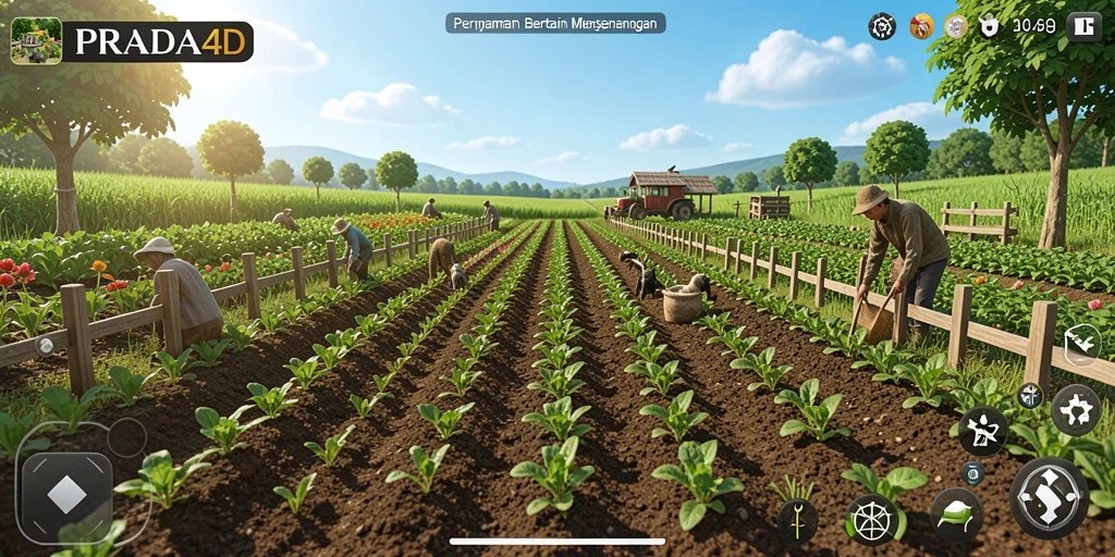 Tampilan gameplay PRADA4D menampilkan aktivitas bertani yang dinamis dan menyenangkan.