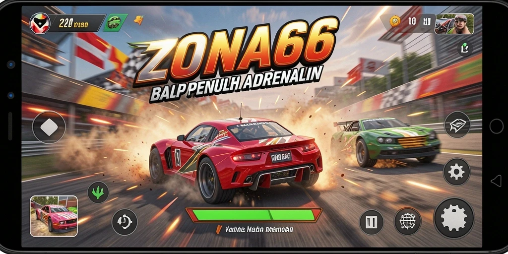 Screenshot gameplay ZONA66 menampilkan balapan seru di trek yang mendebarkan.